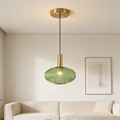 Vintage Green Ribbed Glass Pendant Light With Gold Finish - Adjustable Hanging Lantern Fixture For Kitchen Island, Bedroom, And Dining Room