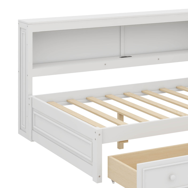 Lit de jour double en bois avec rangement intégré, éclairage USB / DEL et cadre de lit à deux tiroirs, Blanc