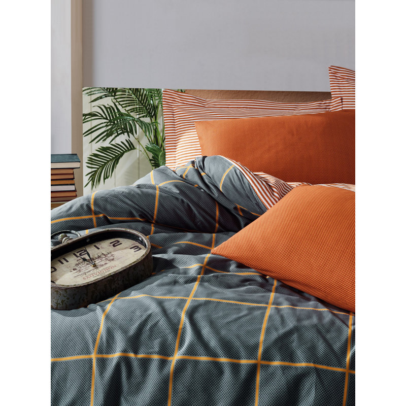 Ensemble de housse de couette luxueuse XXL, 100% coton Ranforce, housse de couette 61 x 87 et taie d'oreiller 31 x 31 | Impression réactive, lavable à la machine, enveloppe et fermeture à boutons | Cannelle élégante et couleurs bleu foncé, douce et durable