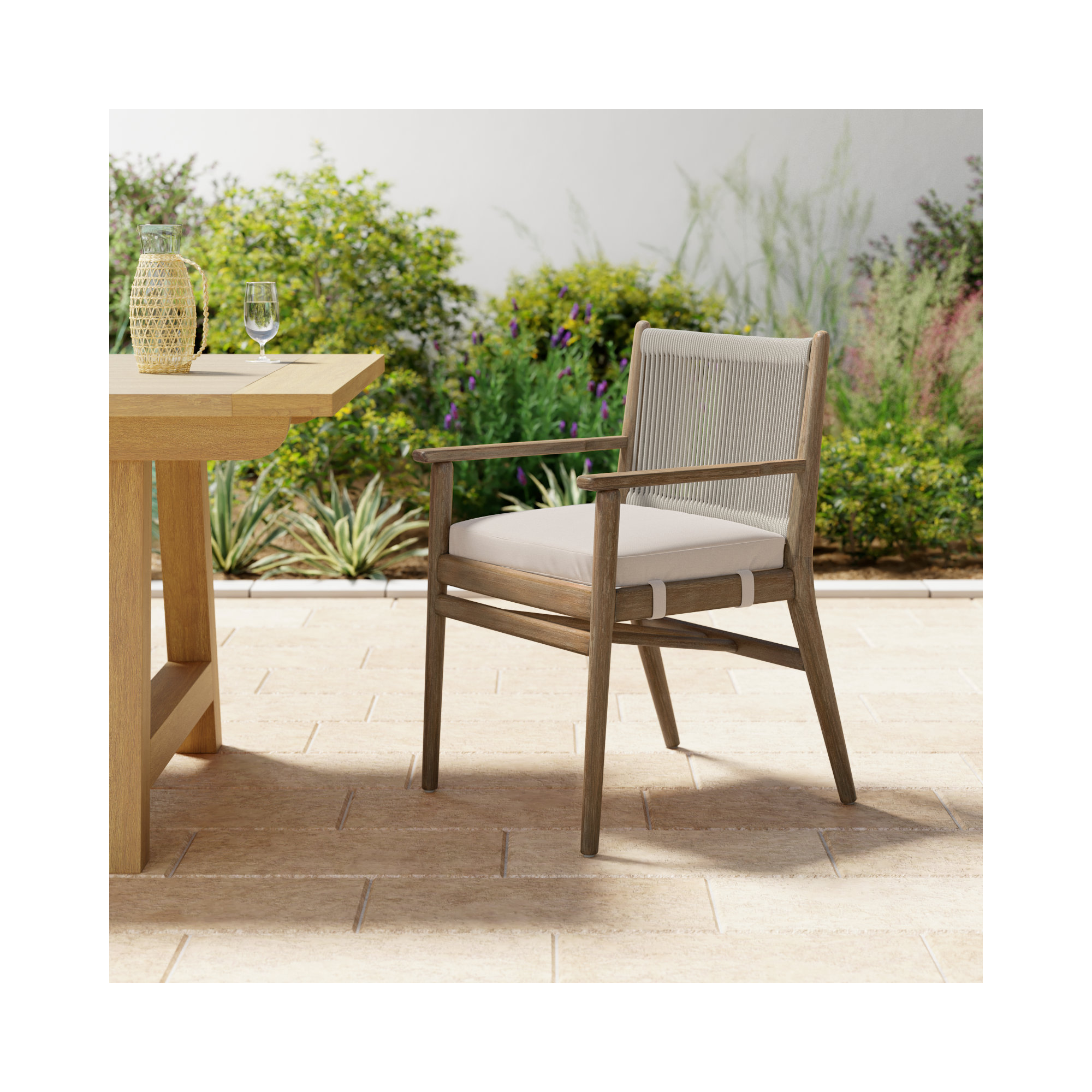 Baltzer Wood Premium All-Weather Wicker Outdoor Dining Armchair with Cushion, Natural Frame/Lakin Oat Cushion