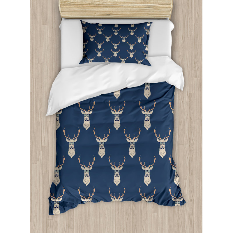Twin Blue and Tan Deer Pattern Duvet Cover Set