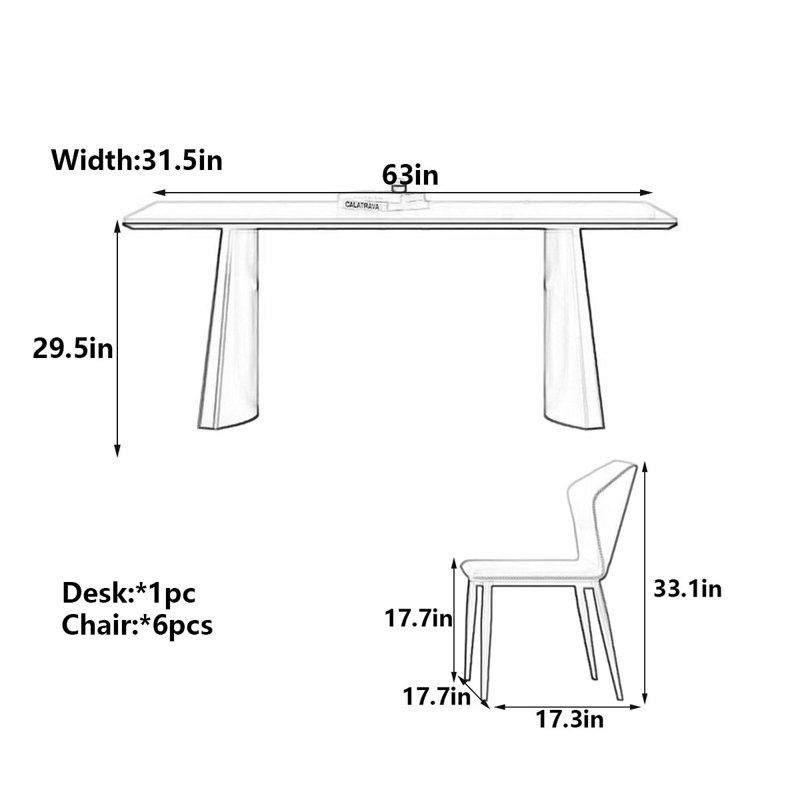 Table de salle à manger Luxury, H 29,5 po x L 63 po x l 31,5 po, 7 pièces : table, 6 chaises
