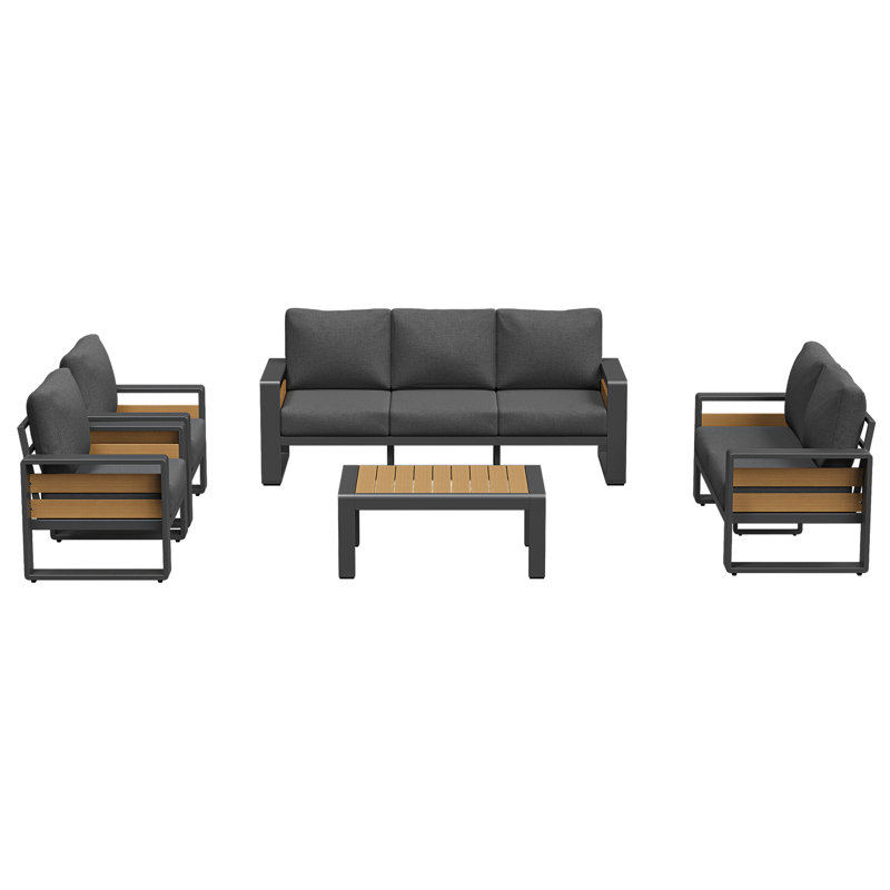 5-pcs Outdoor Aluminum Patio Furniture Sofa Set – Modern Sectional With Removable Cushion For 7-person Seating, Dark Gray