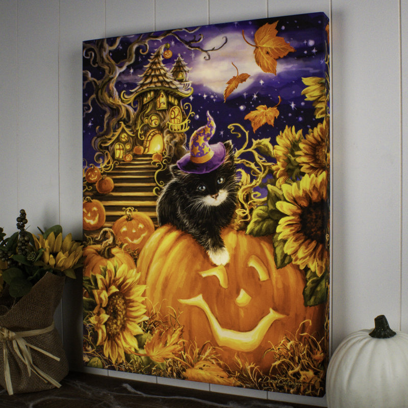 Chaton d'Halloween 18 x 24 entièrement illuminé, impression DEL à changement de couleur