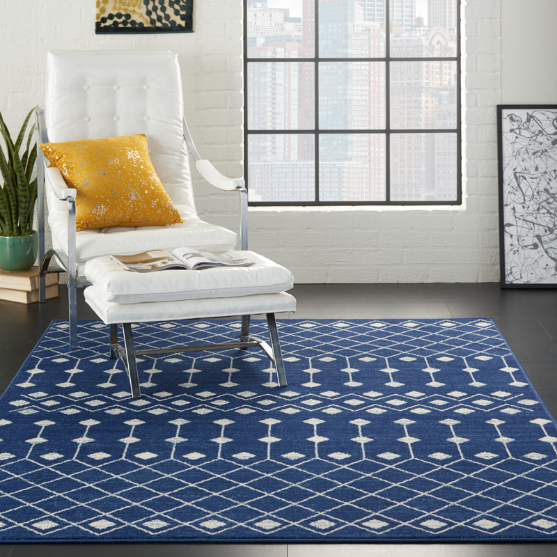 Tapis géométrique bleu marine / blanc Whanger, Rectangle 3 pi 9 po x 5 pi 9 po