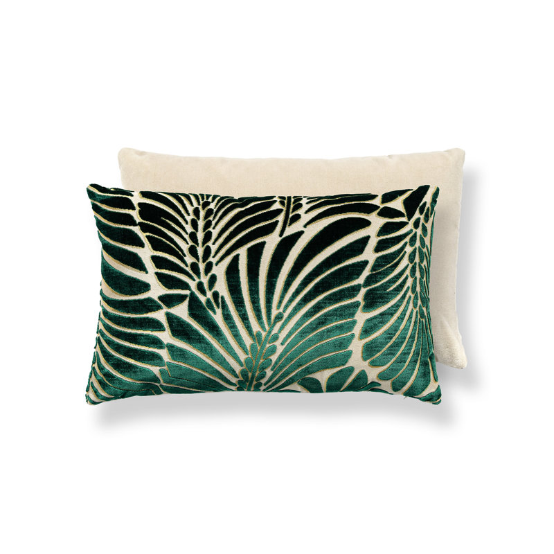 PLUMES / VELVET PILLOW, Viridian/Beige, 14" H x 22" W, Rectangular