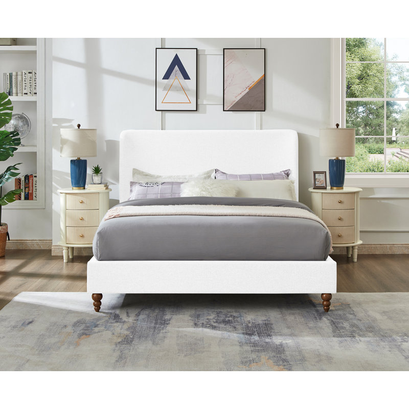 Lit plateforme tapissier moderne avec tête de lit à oreilles, structure de lit en tissu de lin, aucun sommier requis, blanc, grand