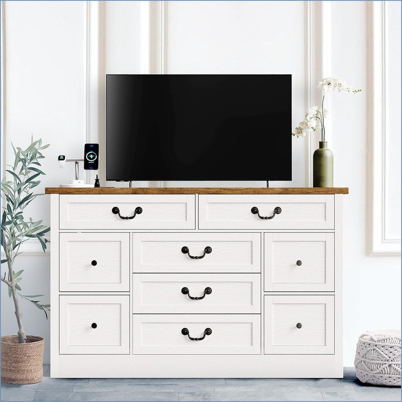 TV Cabinet With 9 Drawers, Large Chest of drawers Storage Cabinet, Long Dresser TV Cabinet with Power Socket, Wide Dresser for Bedroom, Living Room