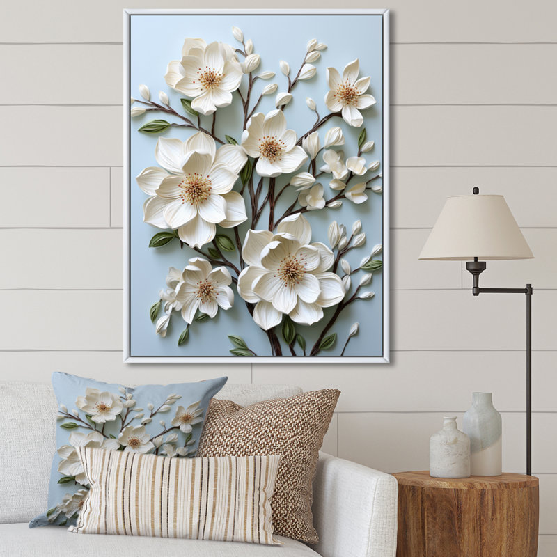 Dogwood Field Pointillism Collage IV sur toile, H 32 po x l 16 po x P 1 po, Cadre flottant blanc
