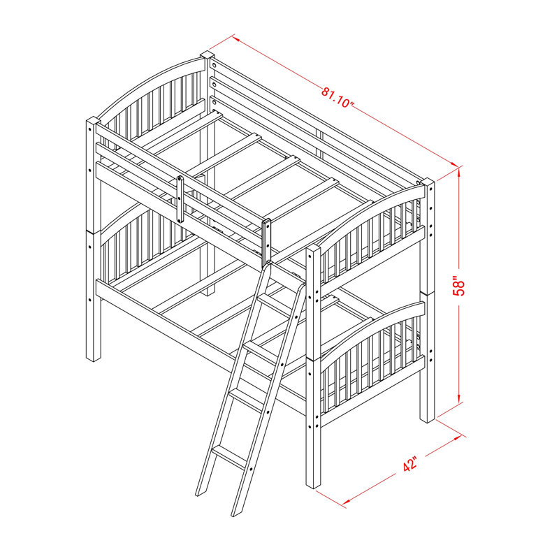 Lits superposés en bois véritable simple sur simple avec échelle à 4 marches et barrière de sécurité, finition chêne.