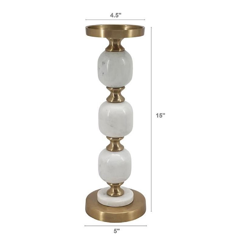 15" Gold and White Marble Metal Pebble Pillar Holder