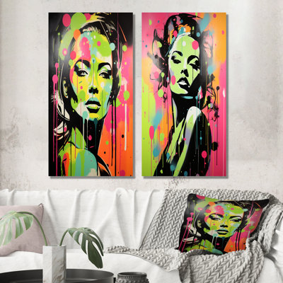 «Green and Pink Graffiti Woman Portrait I», ensemble de 2 reproductions d'art en métal abstraites