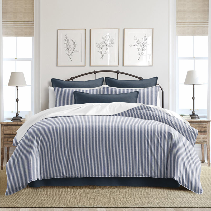 Walker Ticking Stripe Indigo/White Cotton Comforter Set, Full Comforter + 2 Standard Shams