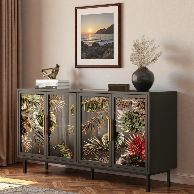 Metal Iron Frame Sideboard With Stained Tropical Plant Glass Doors, Golden Handles And Sturdy Legs