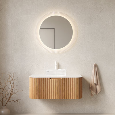 Ensemble de meuble-lavabo et de meuble-lavabo à bords arrondis courbes avec tiroir, lavabo rond en verre transparent et plateau en pierre frittée blanc de Carrare, pré-assemblé, de couleur grain de bois naturel