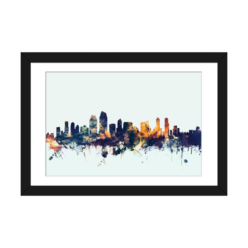 " San Diego, California, USA On Blue " by Michael Tompsett, 24" H x 32" W x 1" D, Black Framed Fine Art Paper, White