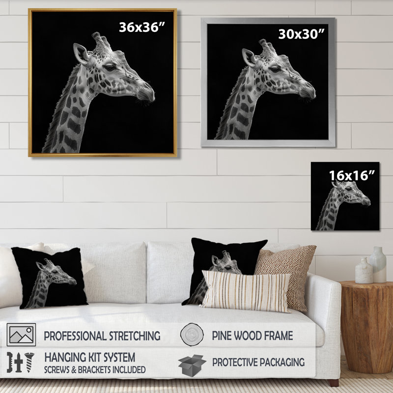 Girafe sur fond noir - reproduction d'art girafe, H 30 po x l 30 po x P 1 po, Toile tendue