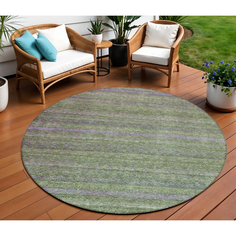 Tapis extérieur lavable rayé vert olive et mauve 8 pi