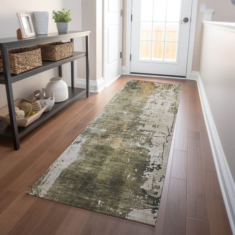 Machine Washable Indoor/Outdoor Claudian ACN1649 Olive Rug, Runner 2'3" x 7'6"