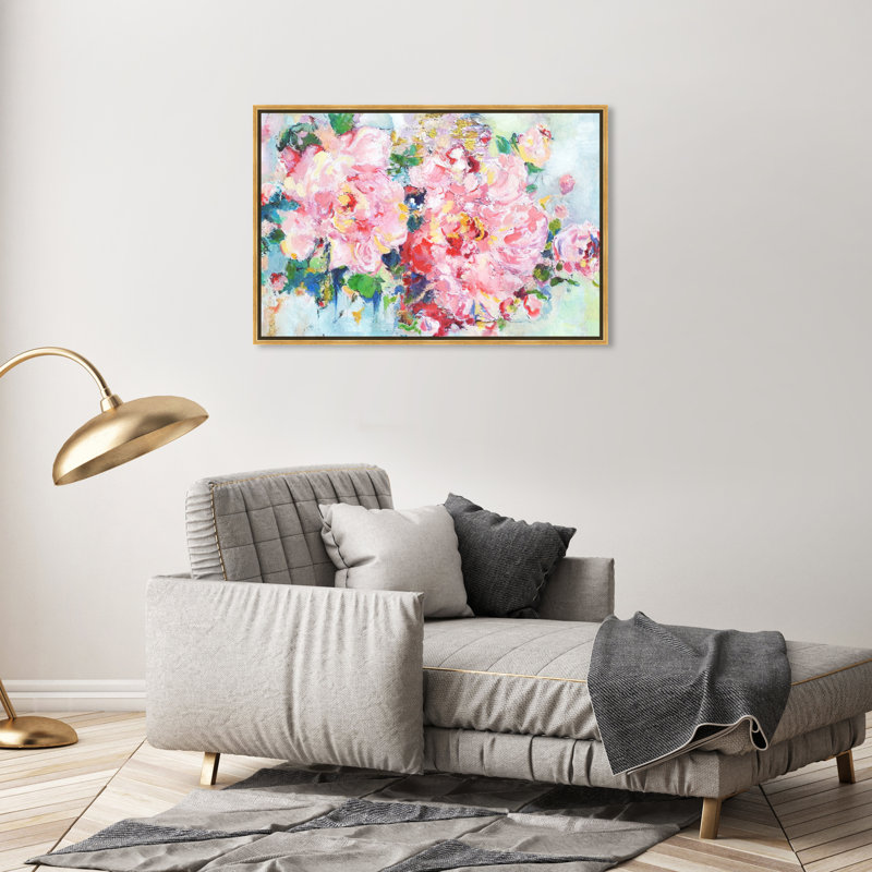 «Pretty Spring Abstract Flowers Modern Pink», cadre photo, Toile avec cadre doré, H 24 po x l 36 po x P 1,75 po
