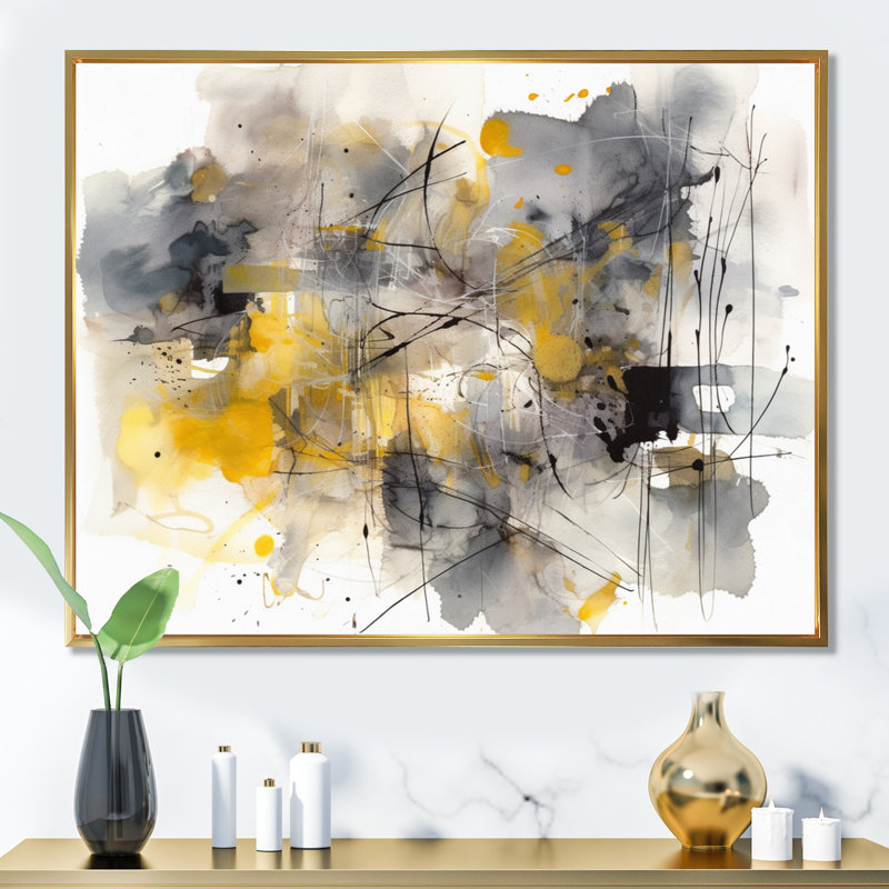 Jaune et gris au-delà de la toile II sur toile, Cadre flottant doré, H 30 po x l 40 po x P 1,5 po