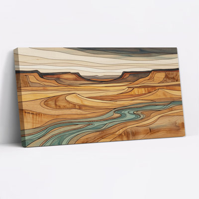 Tableau sur toile représentant un paysage de canyon aux veines de bois brunes avec une rivière turquoise