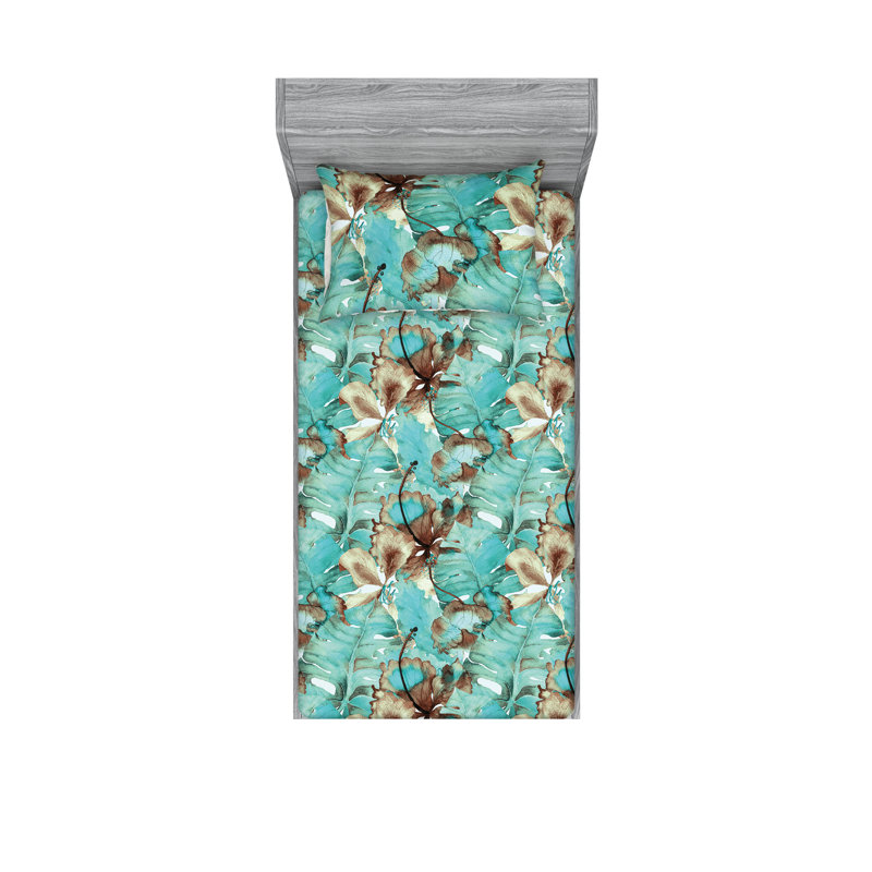 Drap-housse et taies décoratives 3 pièces Ambesonne, Turquoise, brun pastel / floral