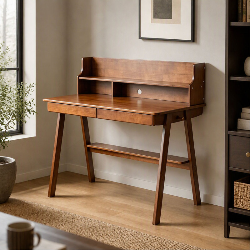 Bureau en bois massif 100 %, table d'ordinateur moderne de style milieu du siècle avec tiroir pour chambre à coucher