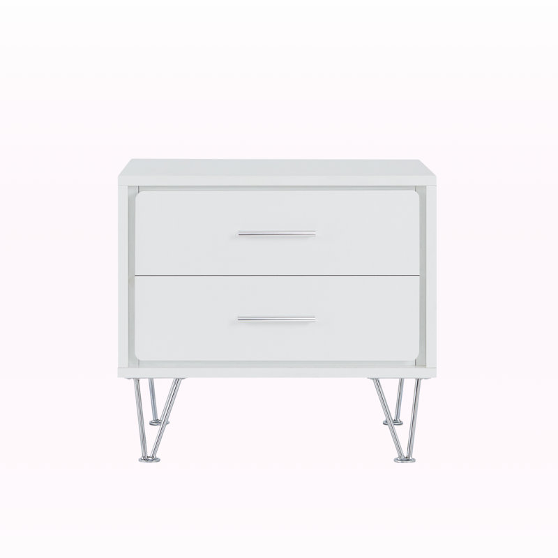 Stylish Serenity White Accent Table – Rectangular Nightstand with Dual-Compartment Drawers and Metal Legs