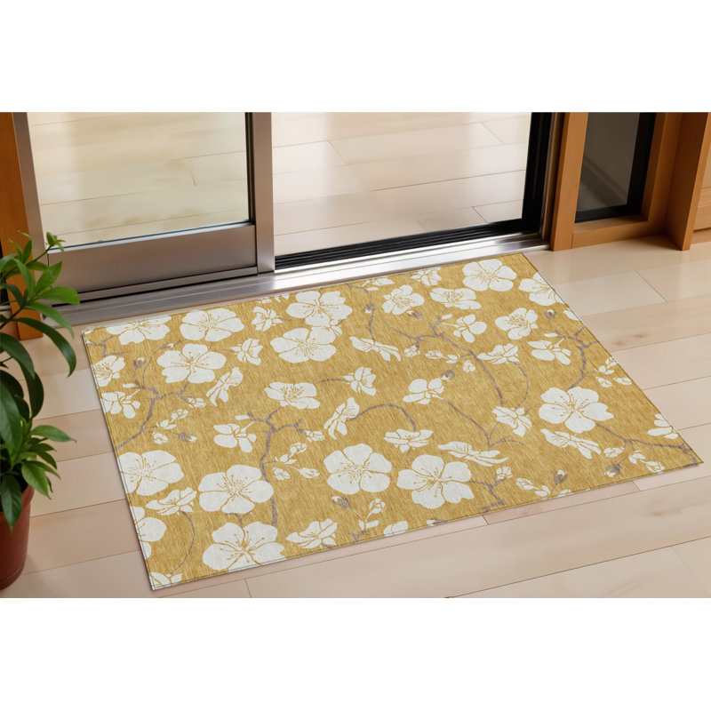 3' X 5' Gold Ivory And Brown Floral Washable Indoor Outdoor Area Rug