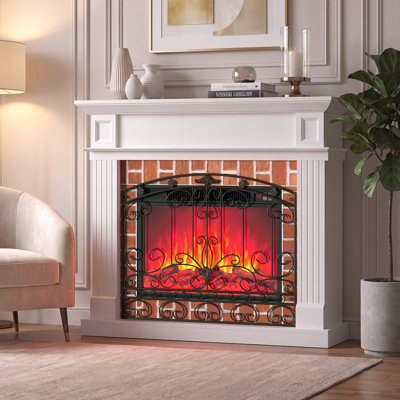 Foyer électrique de 112 cm avec manteau de cheminée, meuble télé de style campagnard avec insert de 58 cm, manteau de cheminée classique en briques blanches et grille amovible en fer forgé élégant, idéal comme meuble télé autoportant pour votre salon.