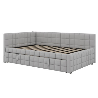 Full Size Daybed With Twin Pop Up Trundle And USB Ports, Upholstered L-Shaped Day Bed Frame For Kids Adults