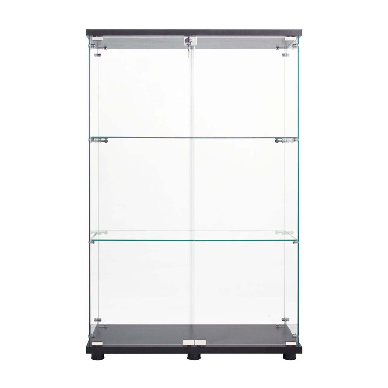 Two Door Glass Cabinet with Three Shelves, Crafted from Tempered Glass and Wood Particle Boards for Secure and Fashionable Storage