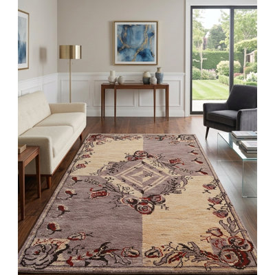 Tapis d'intérieur rectangulaire oriental noué à la main, en laine brun clair et or