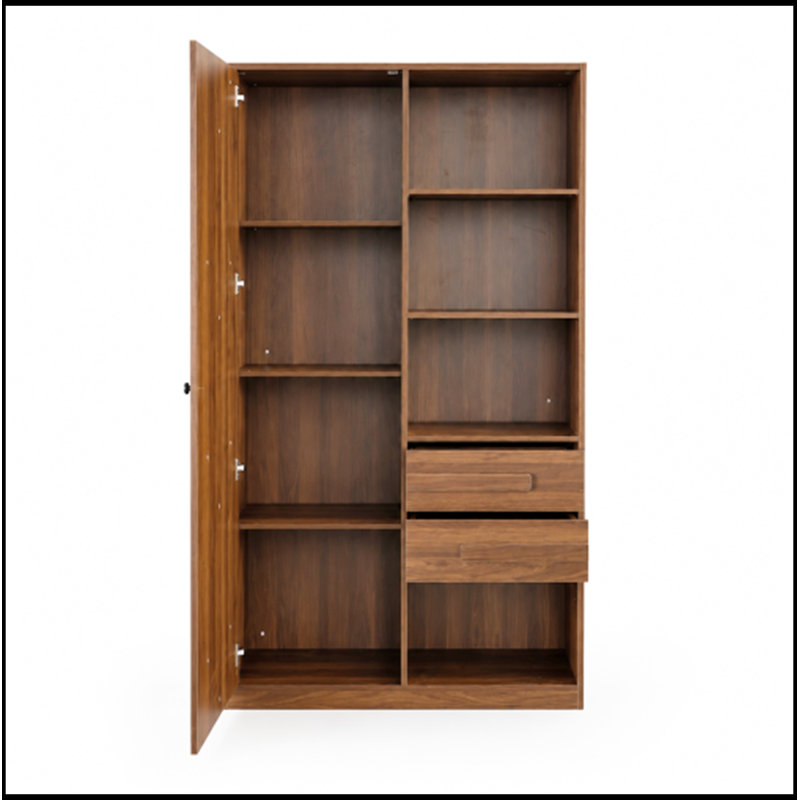Armoire haute avec porte cannelée, 2 tiroirs et tablettes ouvertes