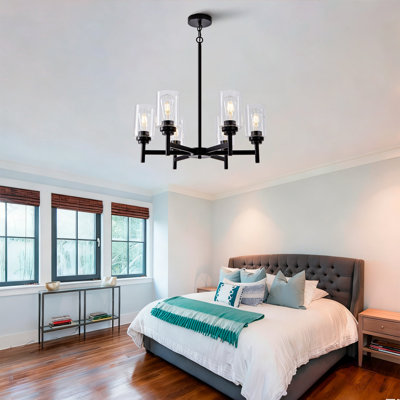 Farmhouse 6-Light Glass Chandelier, Modern Black Light Fixture For Kitchen Dining Room Over Table, Industrial Lighting For Living Room, Foyer, Entryway, E26 Bulb Base