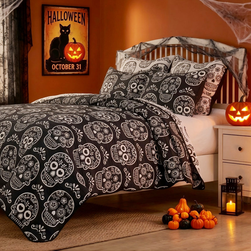 Ensemble de couvre-lit Spooky Sugar Skull, Full/Queen, Crâne