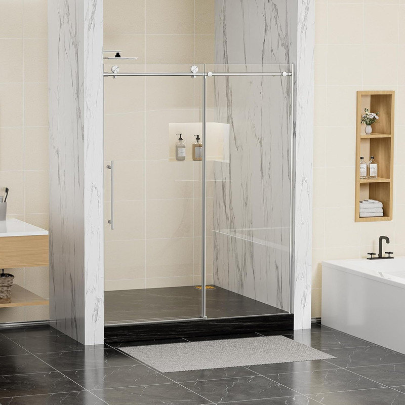 56-60" Frameless Shower Glass Door with Waterproof Seal, 8mm Tempered Glass & Stainless Steel, Brushed Nickel