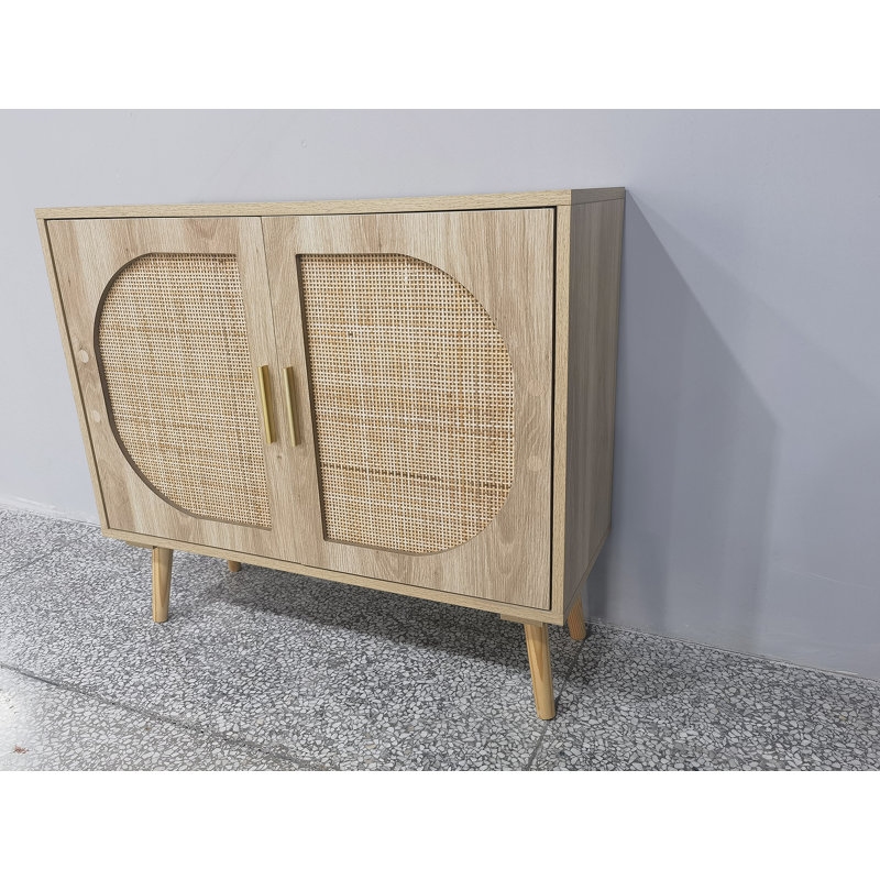 Buffet de ferme durable avec rangement cloisonné et portes en rotin pour une vie organisée, Noir / Beige