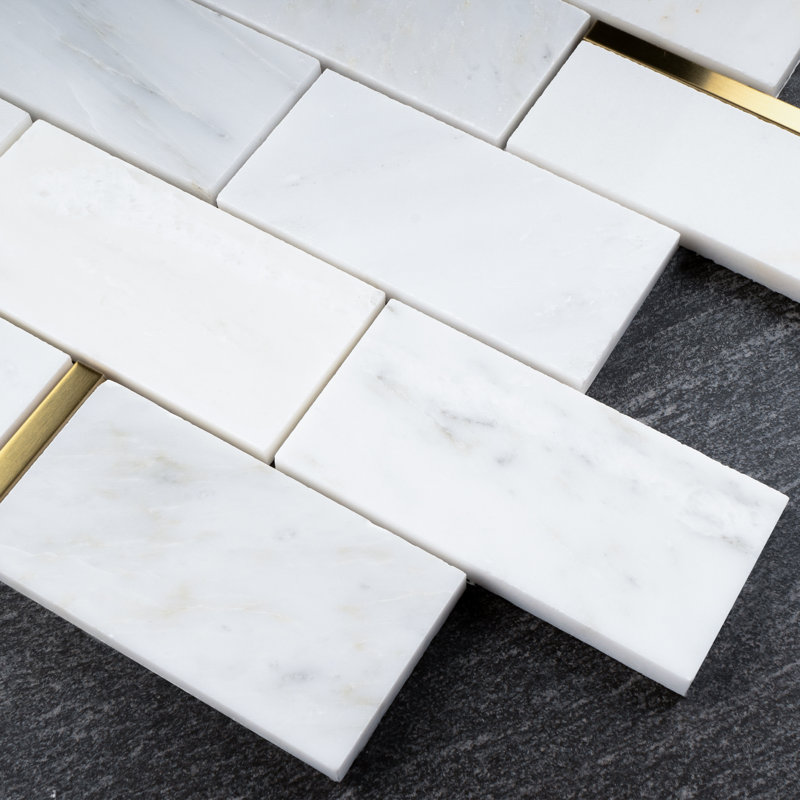 Natural Bianco 2" x 4" Marble Brick Joint Mosaic Wall Tile, Gold/White