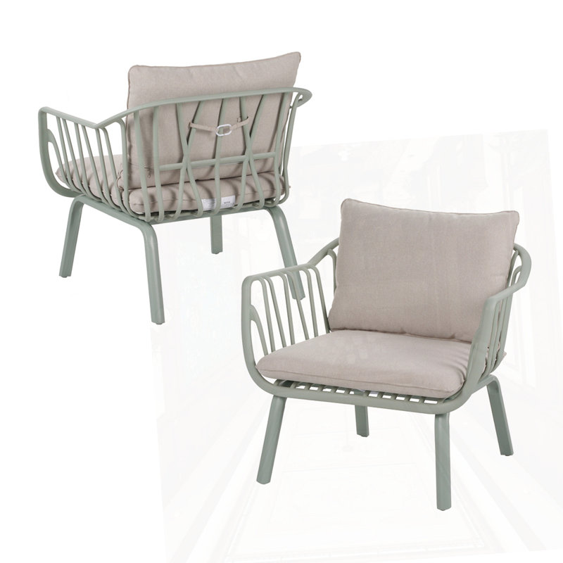 Huron Outdoor Patio PP Club Chair, Green Finish With Beige Cushion, Set Of 2, Beige Cushion/Light Green Frame