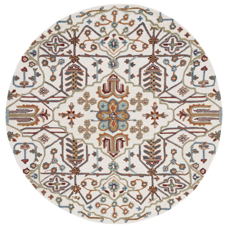 Wahcheechee Southwestern Hand Tufted Wool Area Rug in Ivory/Yellow/Red, Round 8'