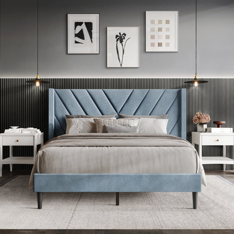 Elegence Wingback Platform Bed, Light Blue, Full