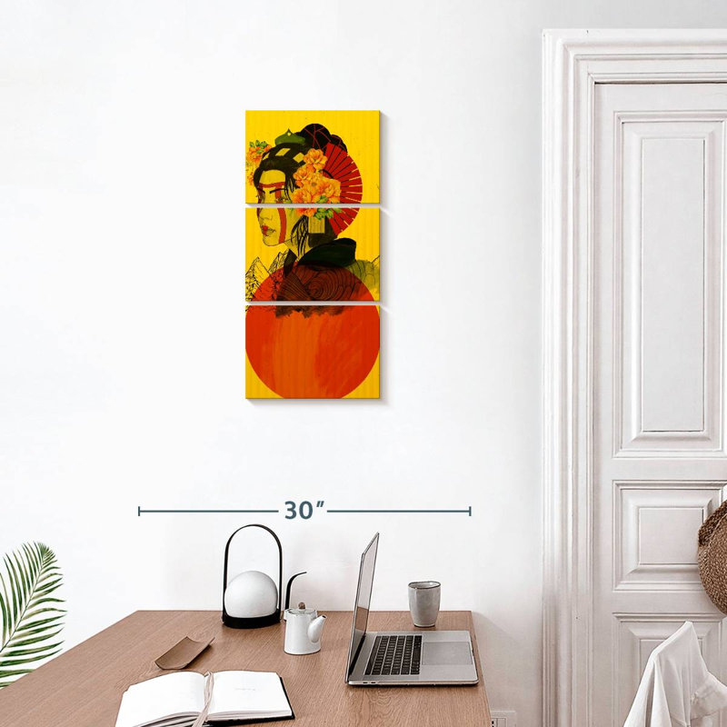 Geisha rouge soleil 3 pièces, H 27 po x l 12 po x P 1 po