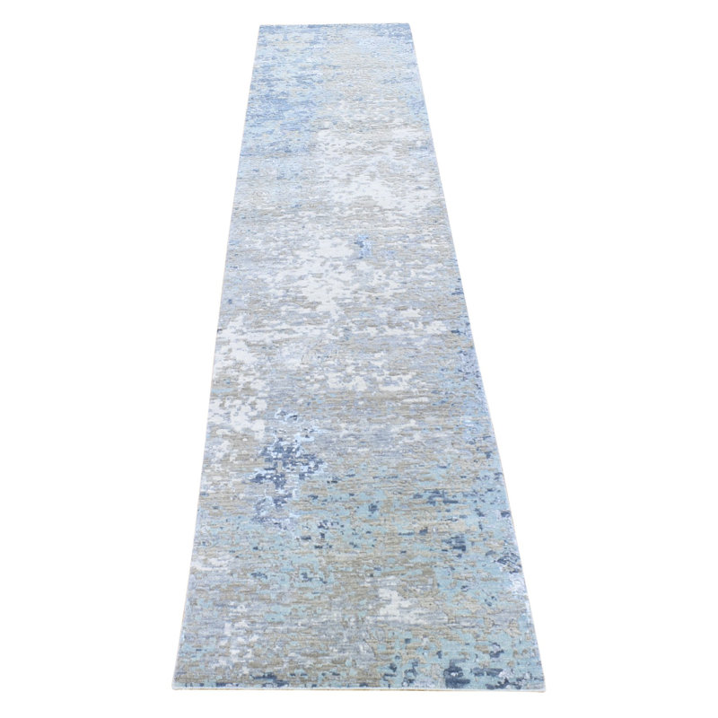 Tapis de couloir oriental 2 pi 6 po x 11 pi 10 po gris à motif abstrait en laine pure tissée à la main C dense D03
