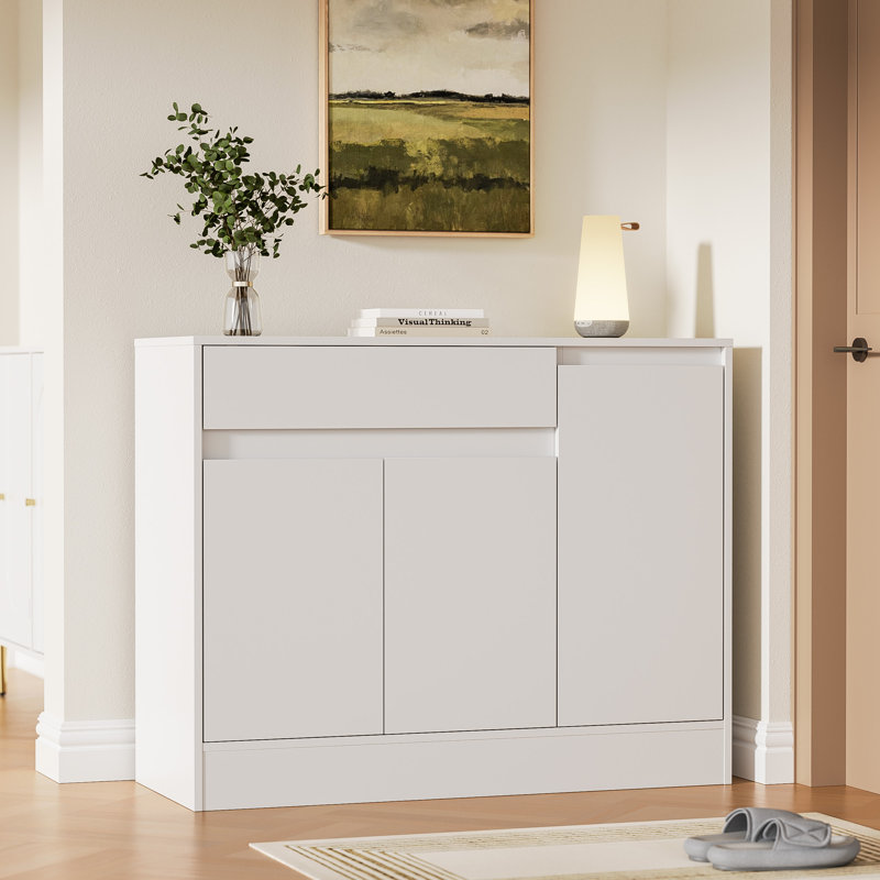 Shoe Cabinet Storage With 3 Doors, Freestanding Shoe Cabinet With Drawer & Adjustable Shelves, Wooden Shoe Organizer For Entryway, Hallway, White