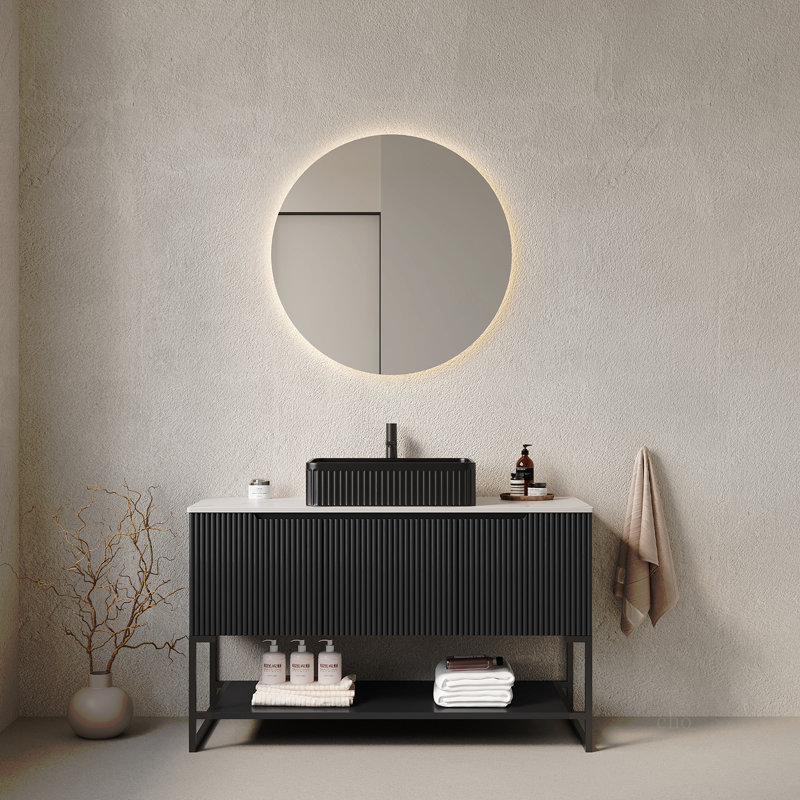 Meuble-lavabo autoportant de 48 po avec 3 portes et 1 tablette ouverte en céramique avec comptoir en pierre frittée Carrara