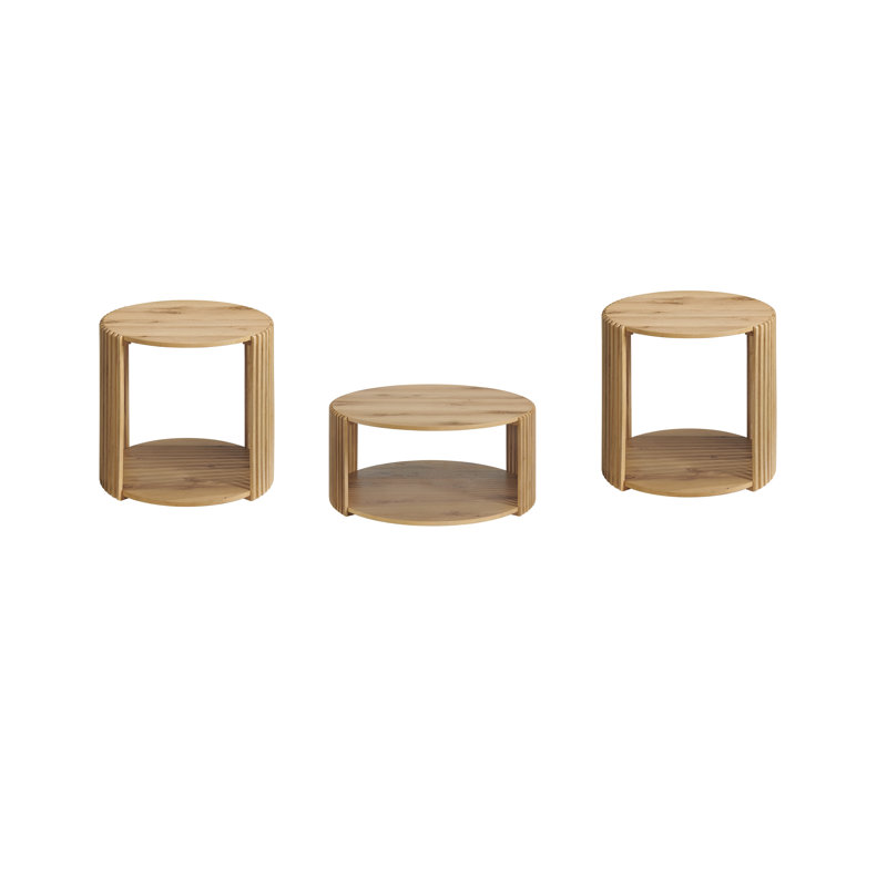 Estie Round Wood Slatted Coffee Table And End Tables Set