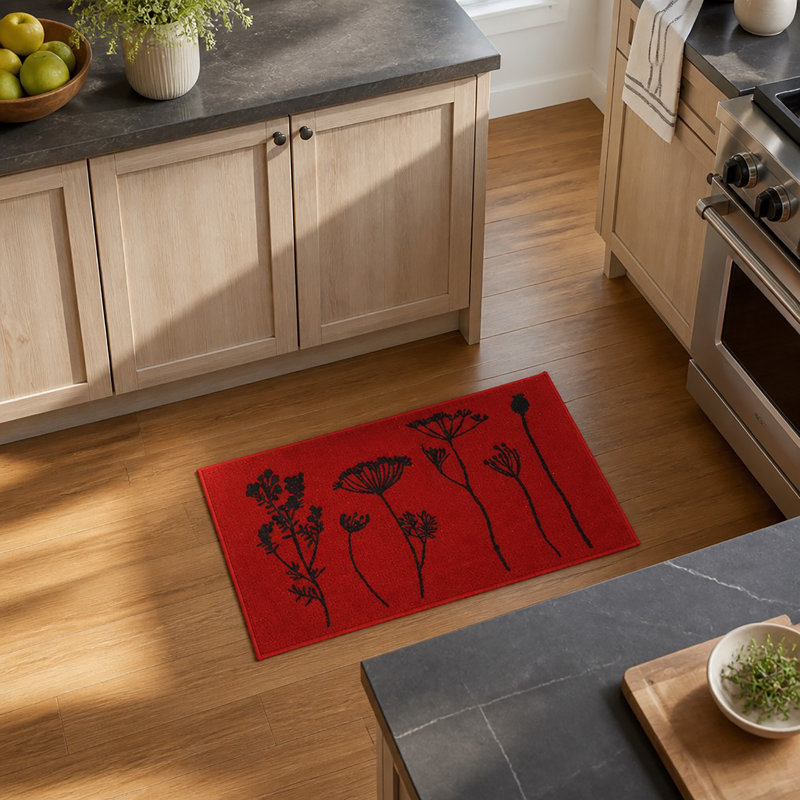 Wildflowers Kitchen Mat Wool Effect Comfort Mat, Red/Black