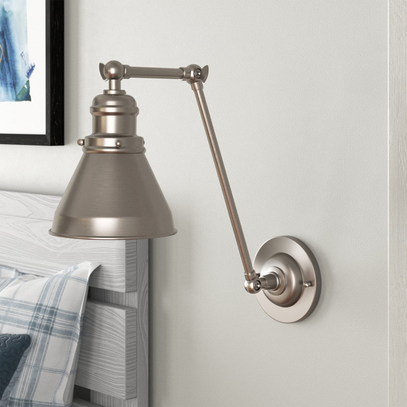 Lillias Steel Swing Arm Sconce, Satin Nickel/Matte White, 13.25" H x 6" W x 19.5" D